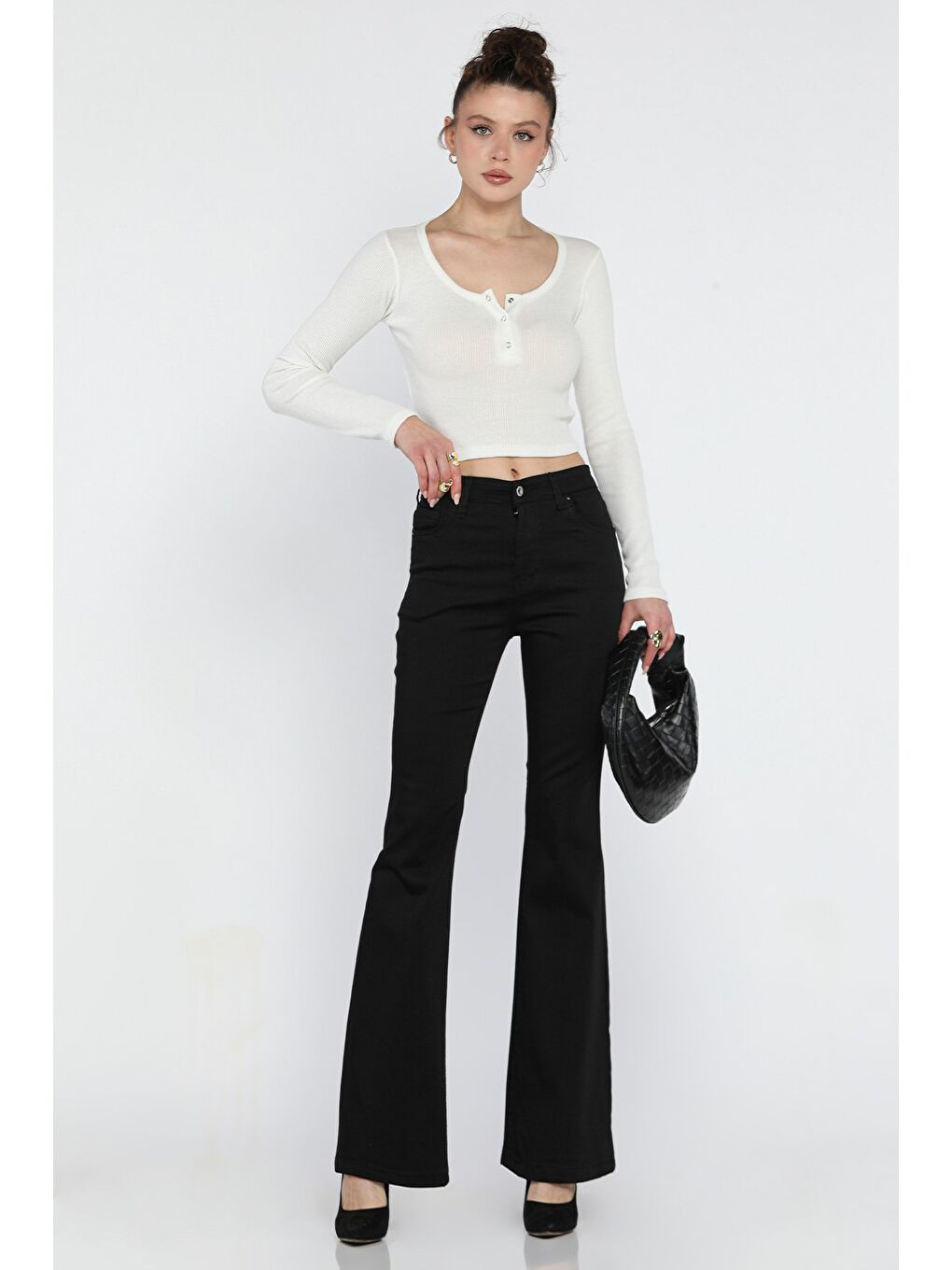 Siyah Bol Paça Yüksek Bel Kadın Jean Pantolon