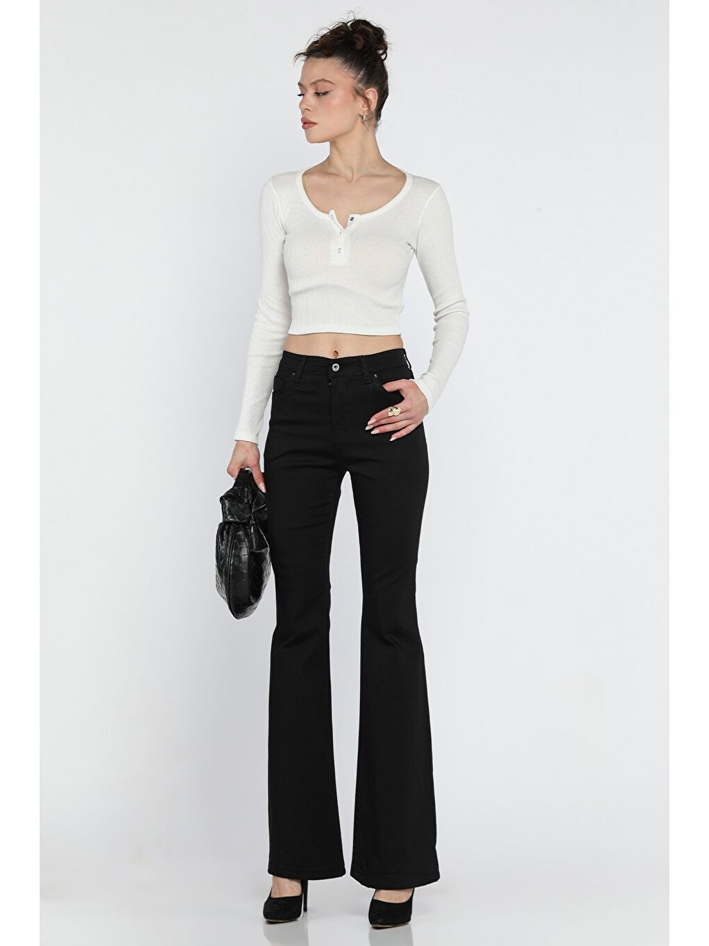 Siyah Bol Paça Yüksek Bel Kadın Jean Pantolon-1