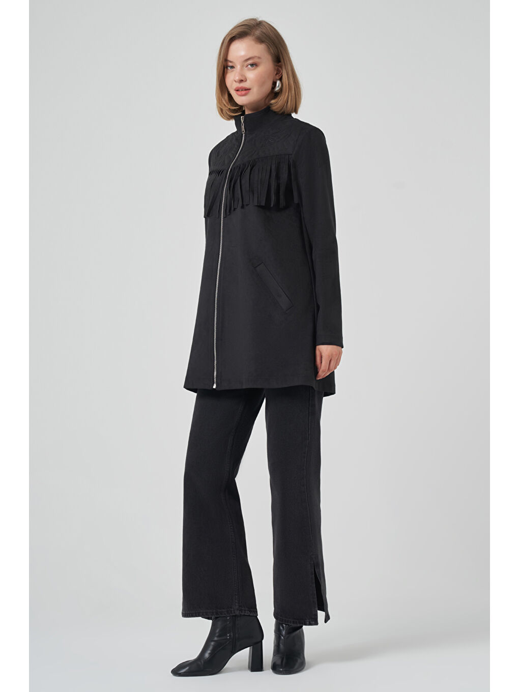 Püskül ve İşlemen Detay Süet Ceket 6028 Siyah-2