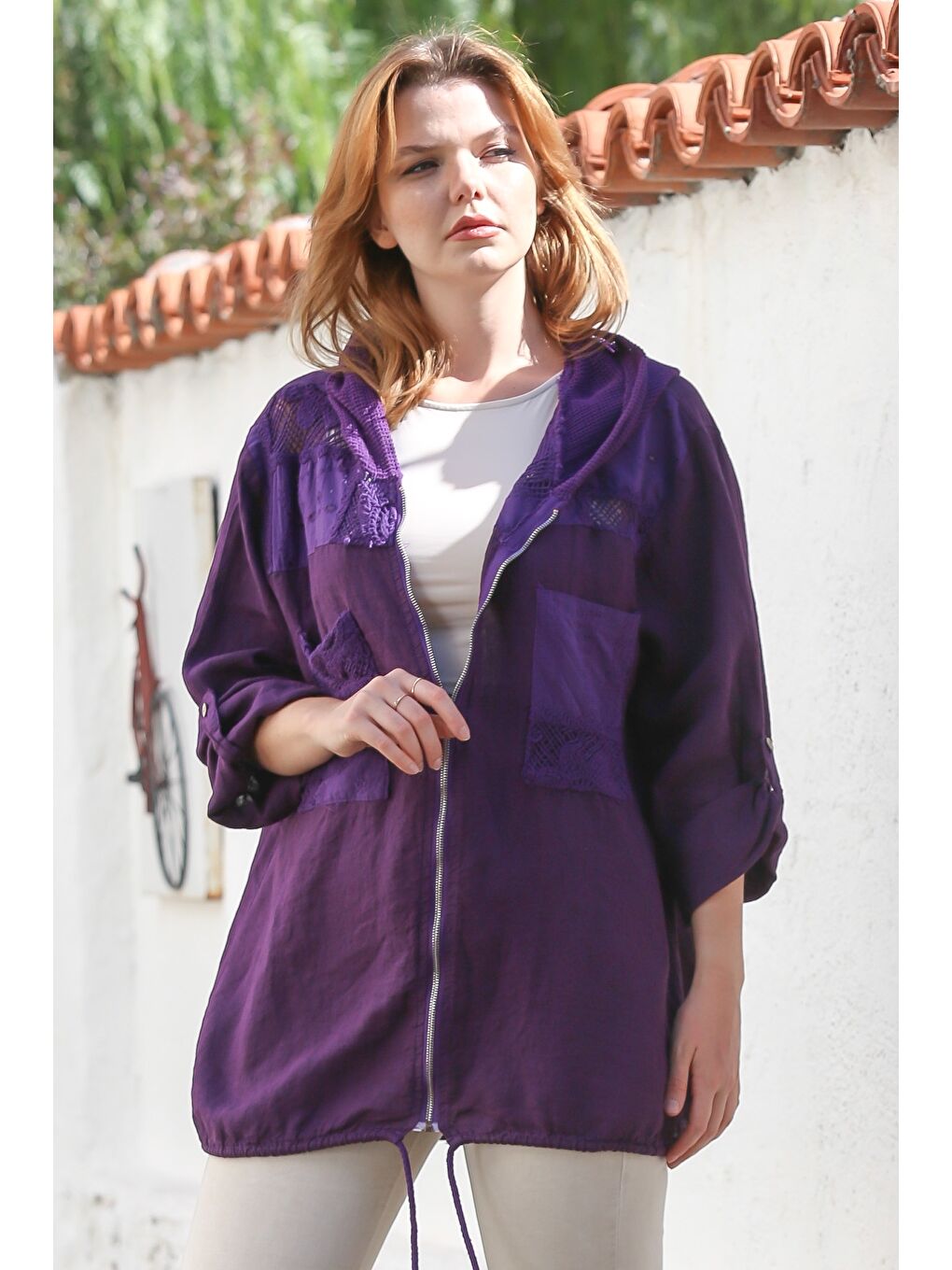 İtalyan Mor Kapüşonlu Düğmeli Uzun Kollu Fermuarlı Cepli File Detaylı Keten Dokuma Ceket 75 65-5