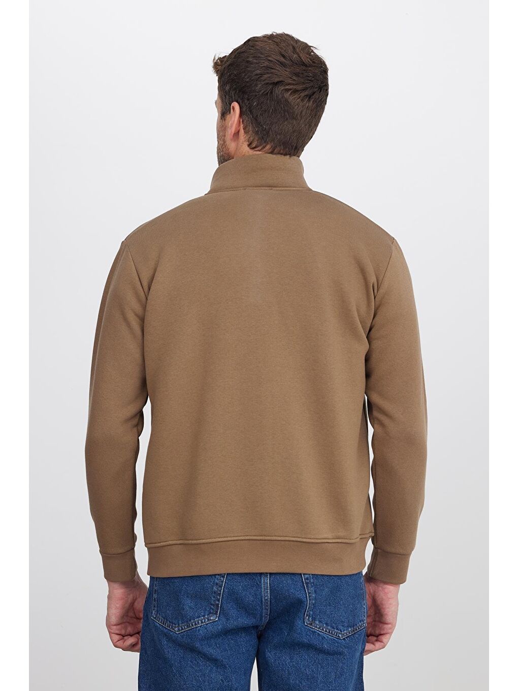 Unisex Relax Fit Rahat Kesim Pamuklu 3 İplik İçi Polarlı Fermuarlı Kahverengi Cepli Sweatshirt Hırka-6