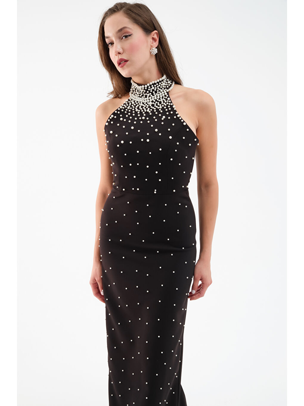 Kadın Siyah Halter Yaka İncili Söz Nişan Nikah Abiye Elbise-2