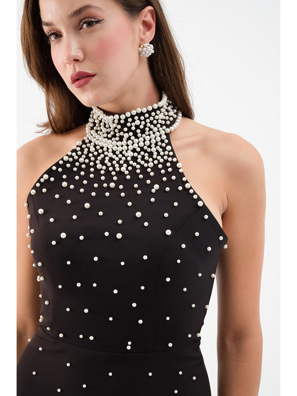 Kadın Siyah Halter Yaka İncili Söz Nişan Nikah Abiye Elbise-3