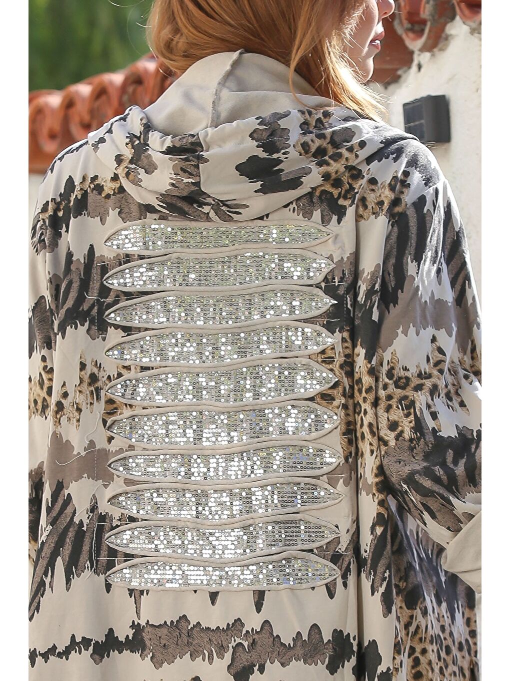 İtalyan Bej-Antrasit Kapüşonlu Düğmeli Uzun Kollu Leopar Desen Cepli İnce Casual Dokuma Ceket 88 72-2