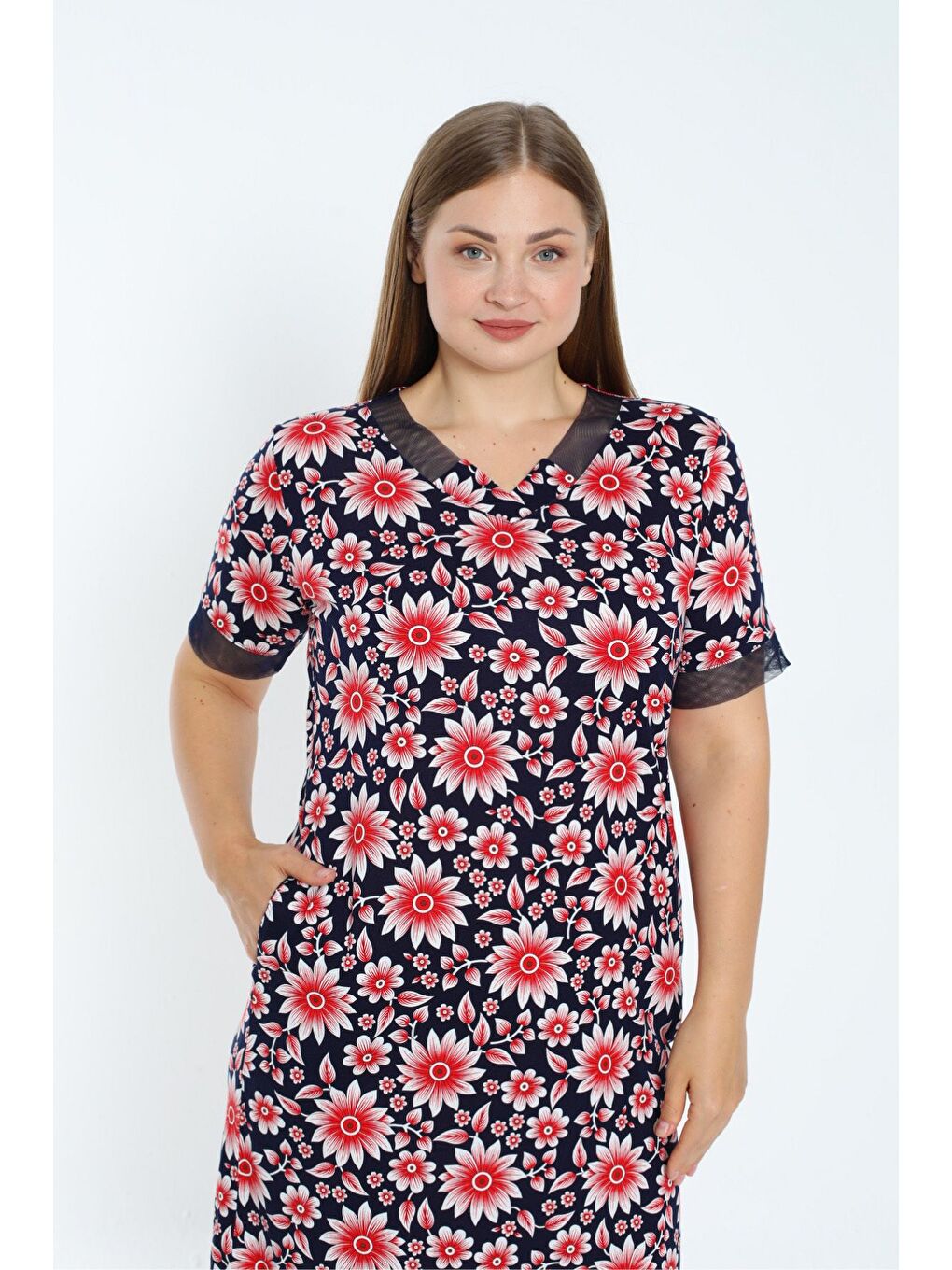 Kırmızı Desenli Tül Detaylı Kısa Kollu Cepli Büyük Beden Pamuklu Elbise-1