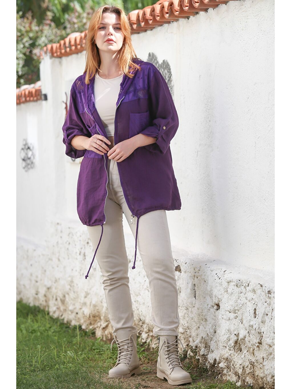 İtalyan Mor Kapüşonlu Düğmeli Uzun Kollu Fermuarlı Cepli File Detaylı Keten Dokuma Ceket 75 65-6