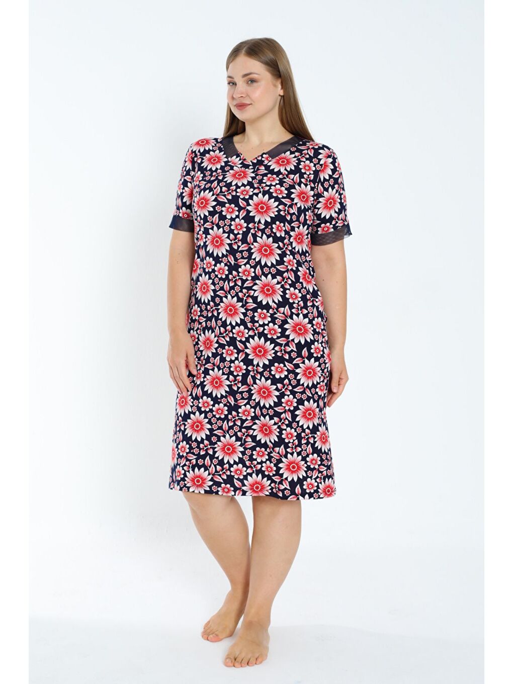 Kırmızı Desenli Tül Detaylı Kısa Kollu Cepli Büyük Beden Pamuklu Elbise-2