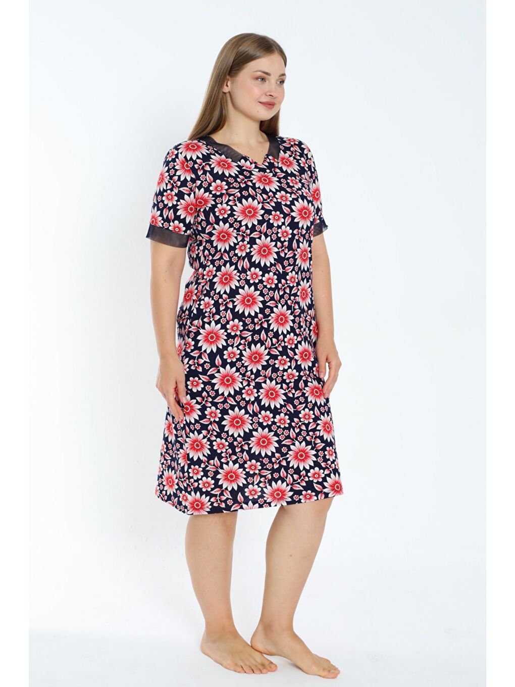 Kırmızı Desenli Tül Detaylı Kısa Kollu Cepli Büyük Beden Pamuklu Elbise-3