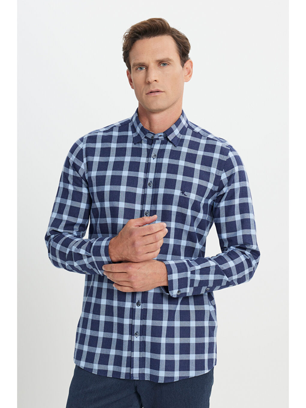 Erkek Lacivert-Mavi %100 Pamuk Oxford Slim Fit Dar Kesim Desenli Gömlek-2