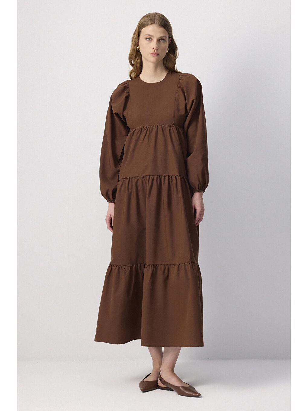 Kahverengi %100 Keten Büzgülü Elbise