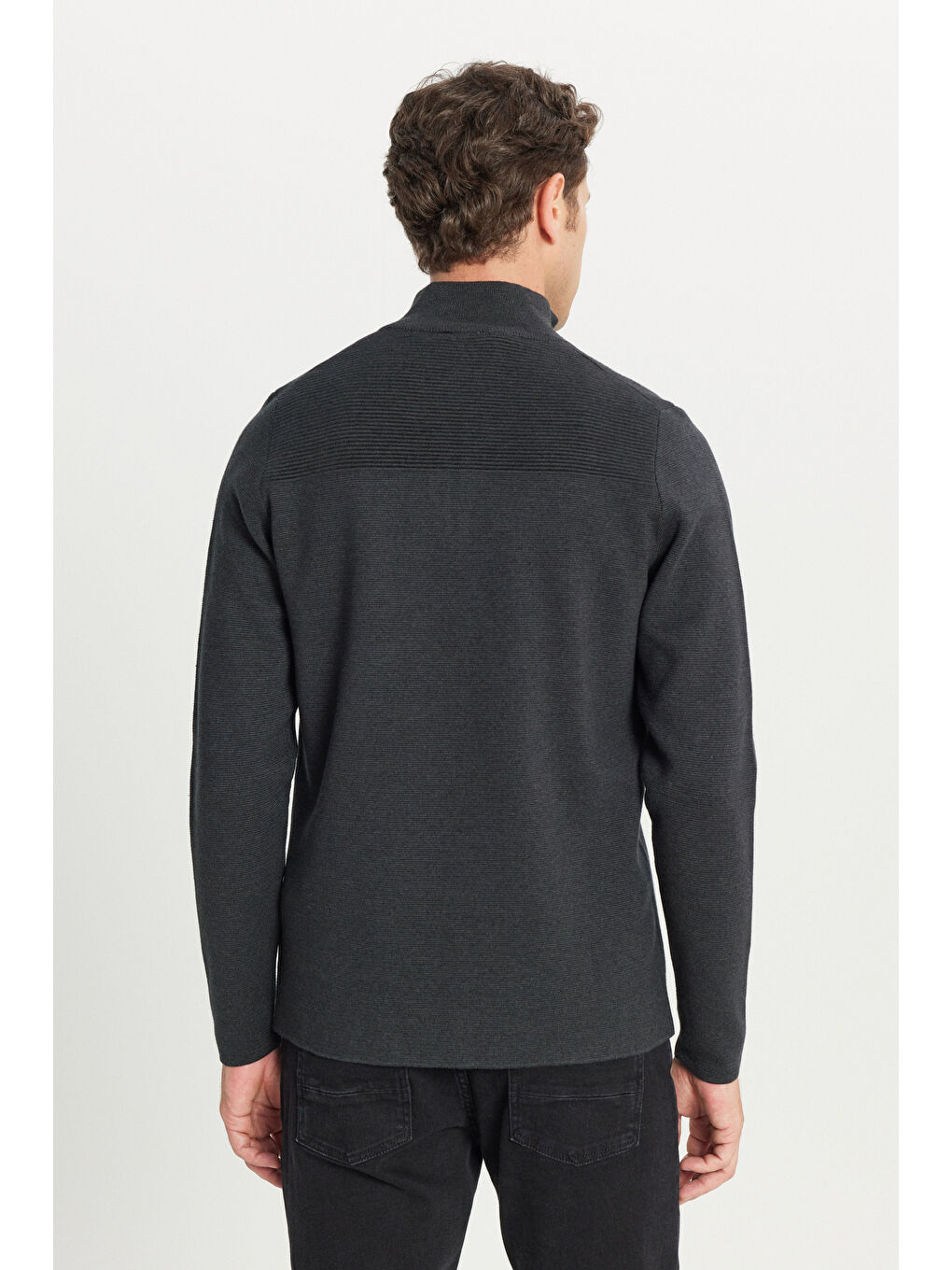 Erkek Antrasit-Melanj Pamuklu Slim Fit Dar Kesim Bato Yaka Dokulu Triko Kazak-4