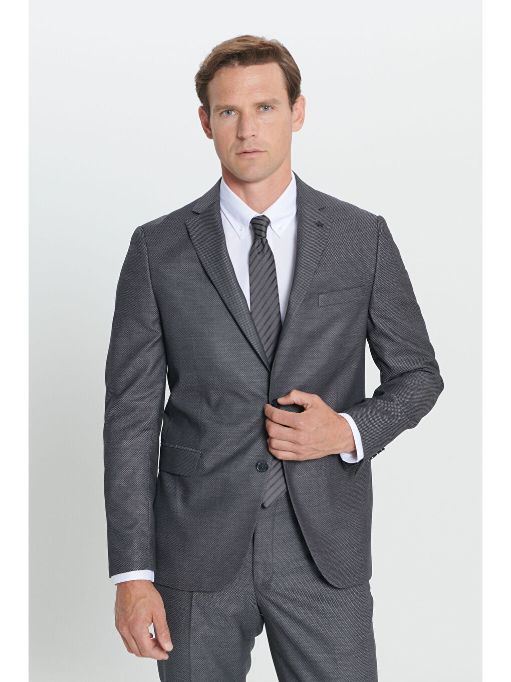 Erkek Antrasit Slim Fit Dar Kesim Mono Yaka Desenli Takım Elbise