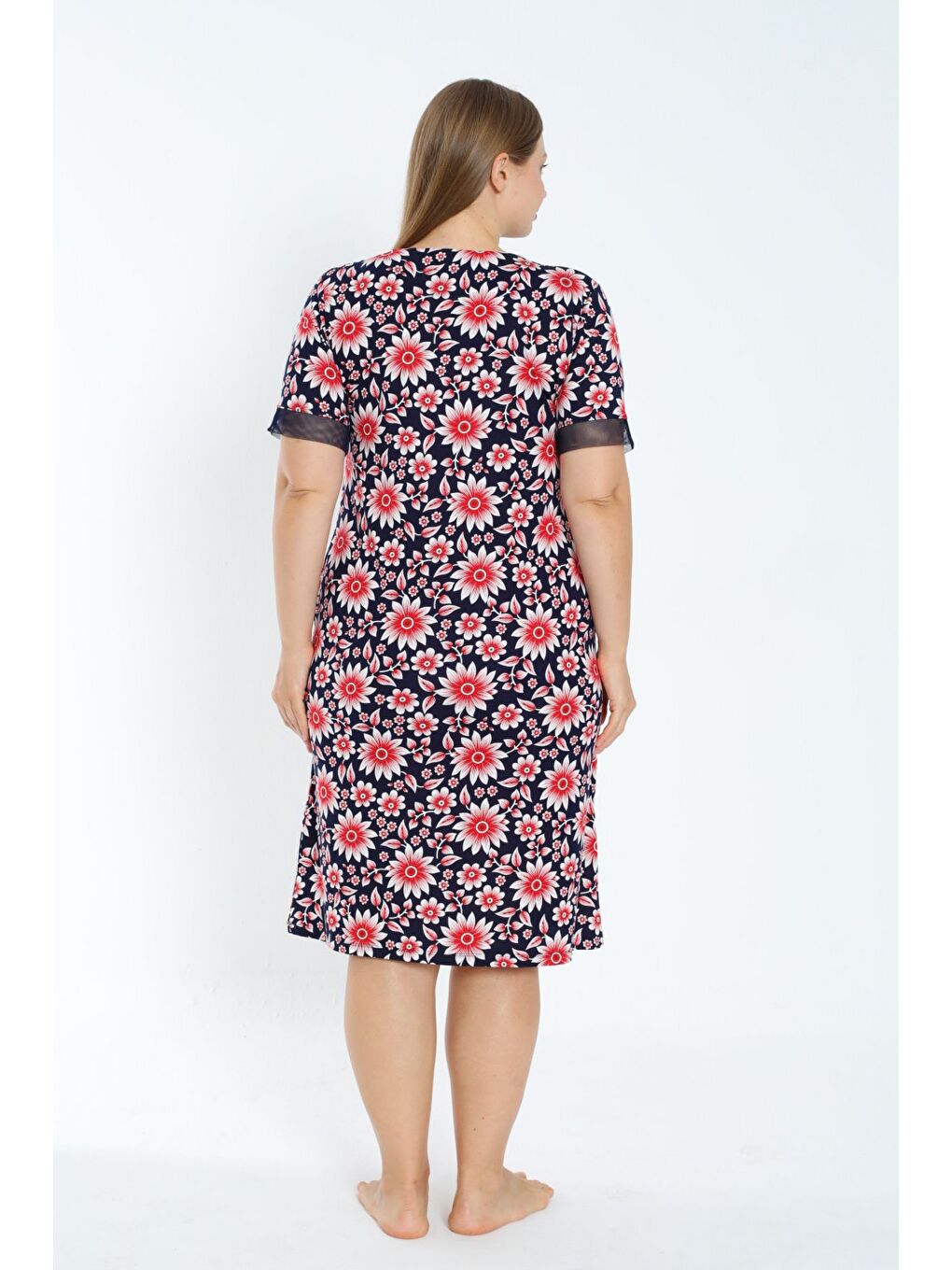 Kırmızı Desenli Tül Detaylı Kısa Kollu Cepli Büyük Beden Pamuklu Elbise-4