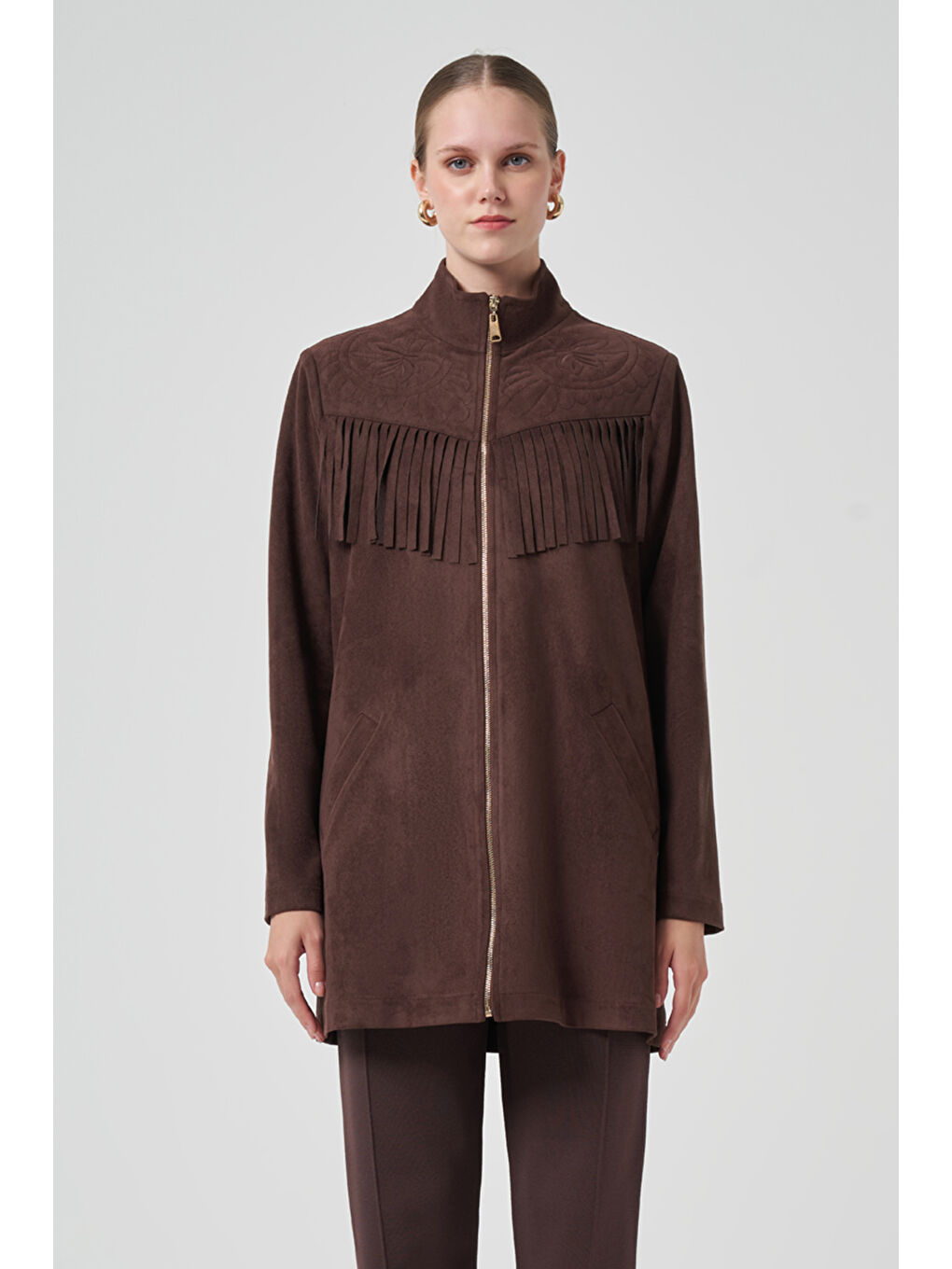 Püskül ve İşlemen Detay Süet Ceket 6028 Kahverengi