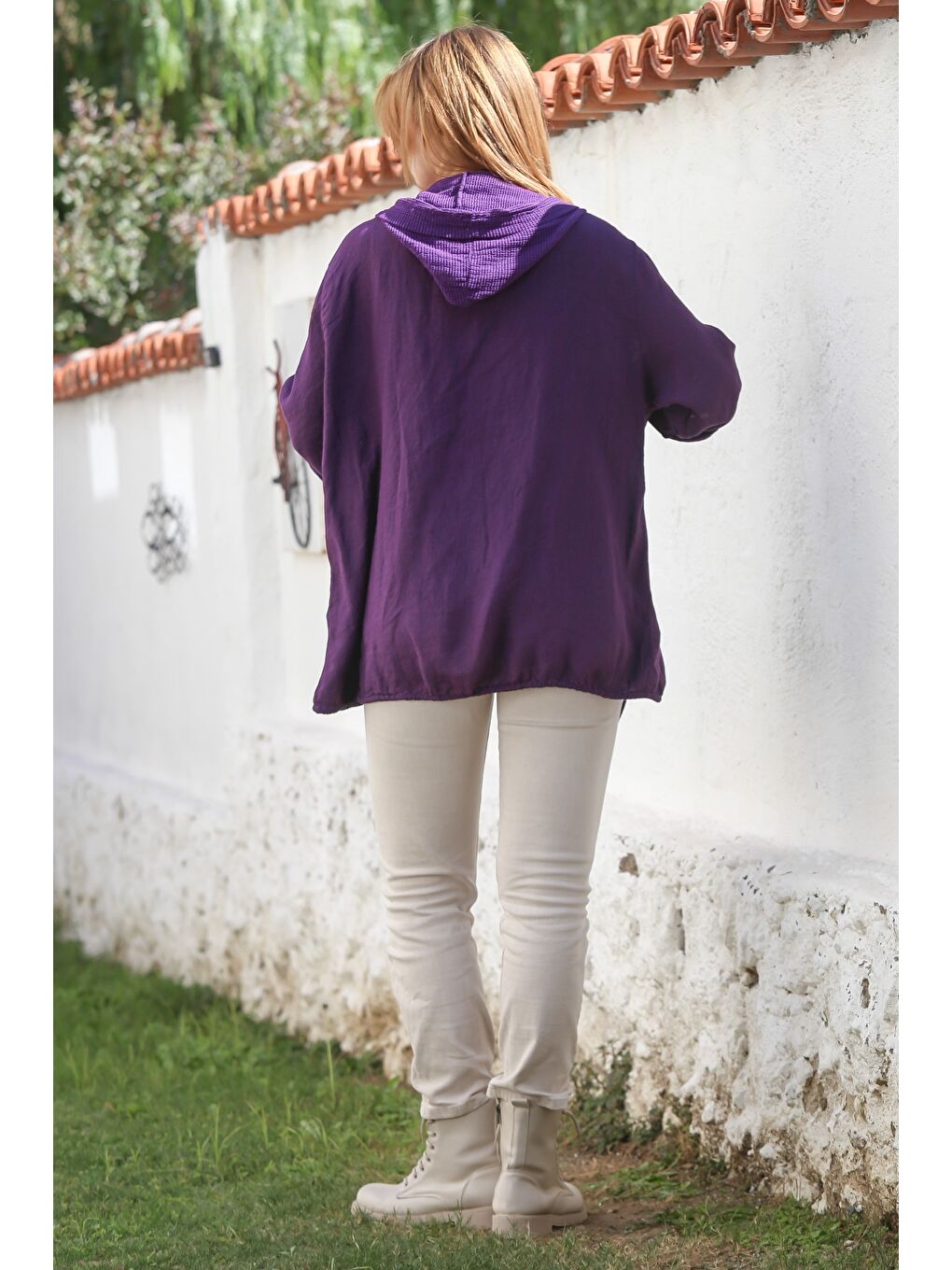 İtalyan Mor Kapüşonlu Düğmeli Uzun Kollu Fermuarlı Cepli File Detaylı Keten Dokuma Ceket 75 65-7