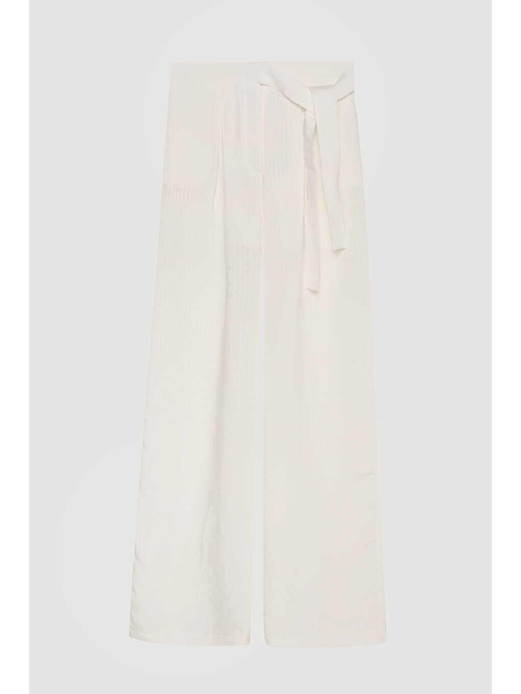 Beli Bağlama Detaylı Bol Paça Pantolon Ekru