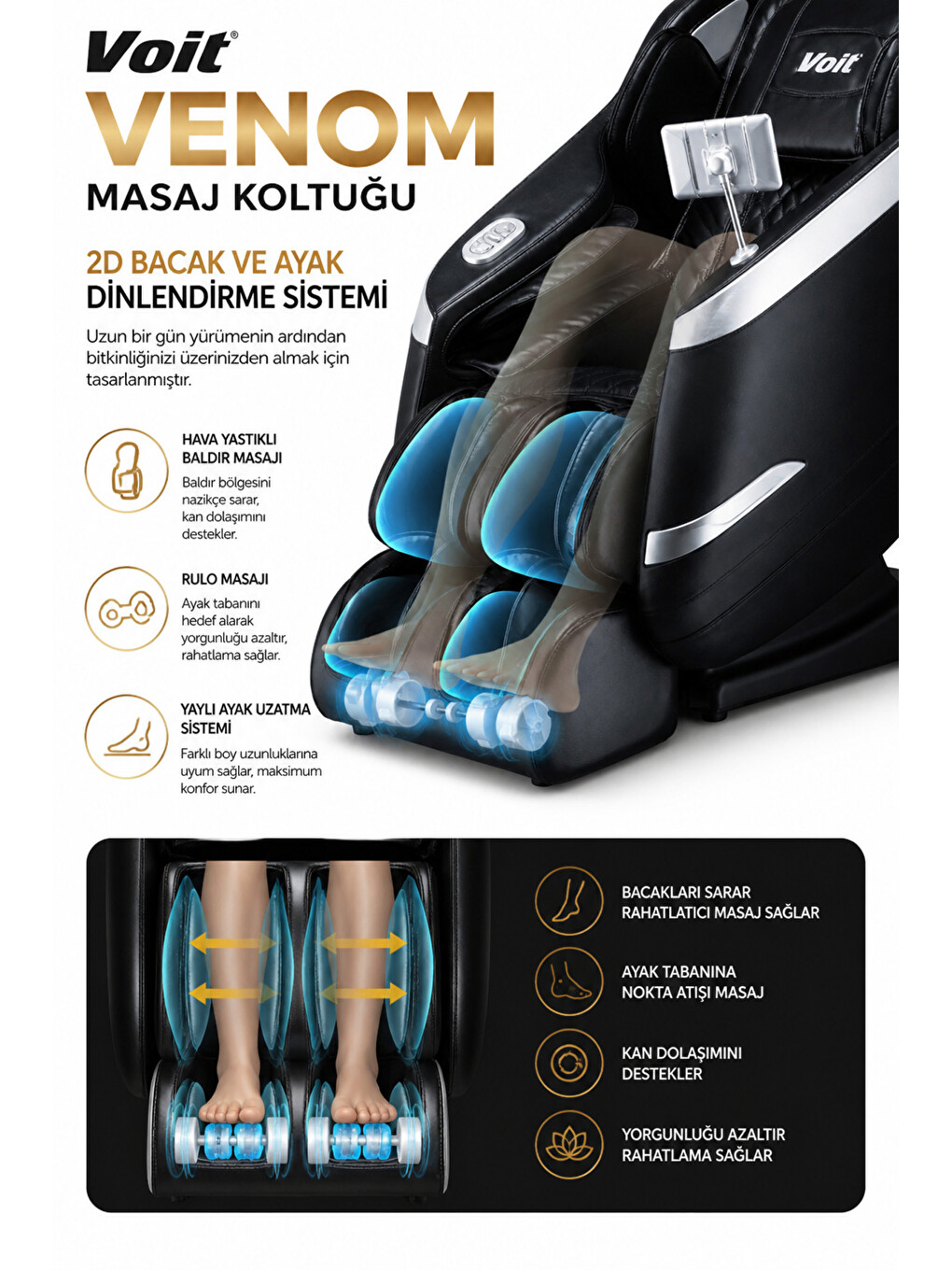 Venom Masaj Koltuğu – Tablet Kontrollü, Bluetooth Hoparlörlü, Kurulum Gerektirmez-2