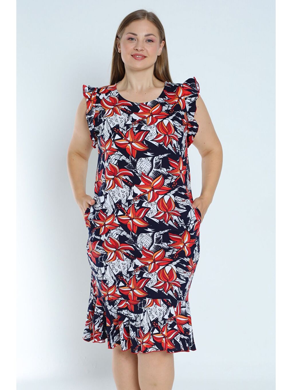 Lacivert kadın lacivert büyük beden desenli %100 pamuk cepli kolu ve eteği fırfırlı elbise