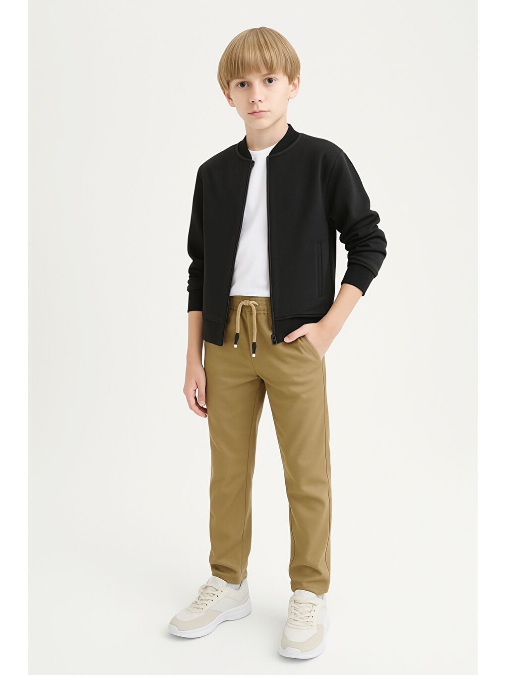 Bej Erkek Çocuk Beli İpli Lastikli Okul Pantolonu Ak609-1