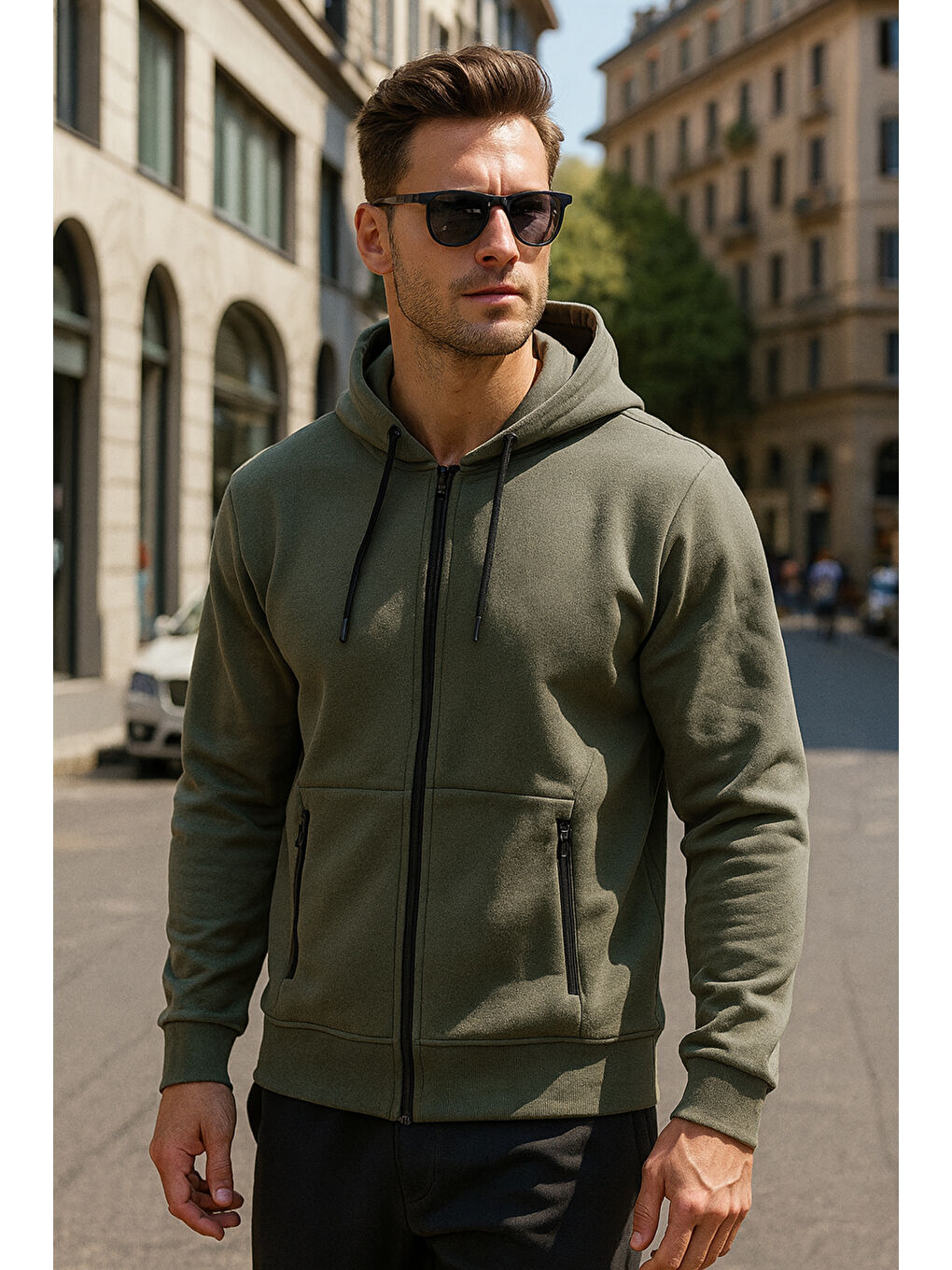 Erkek Kapüşonlu Tek Üst Fermuarlı Sweatshirt REU-25723 Haki-2