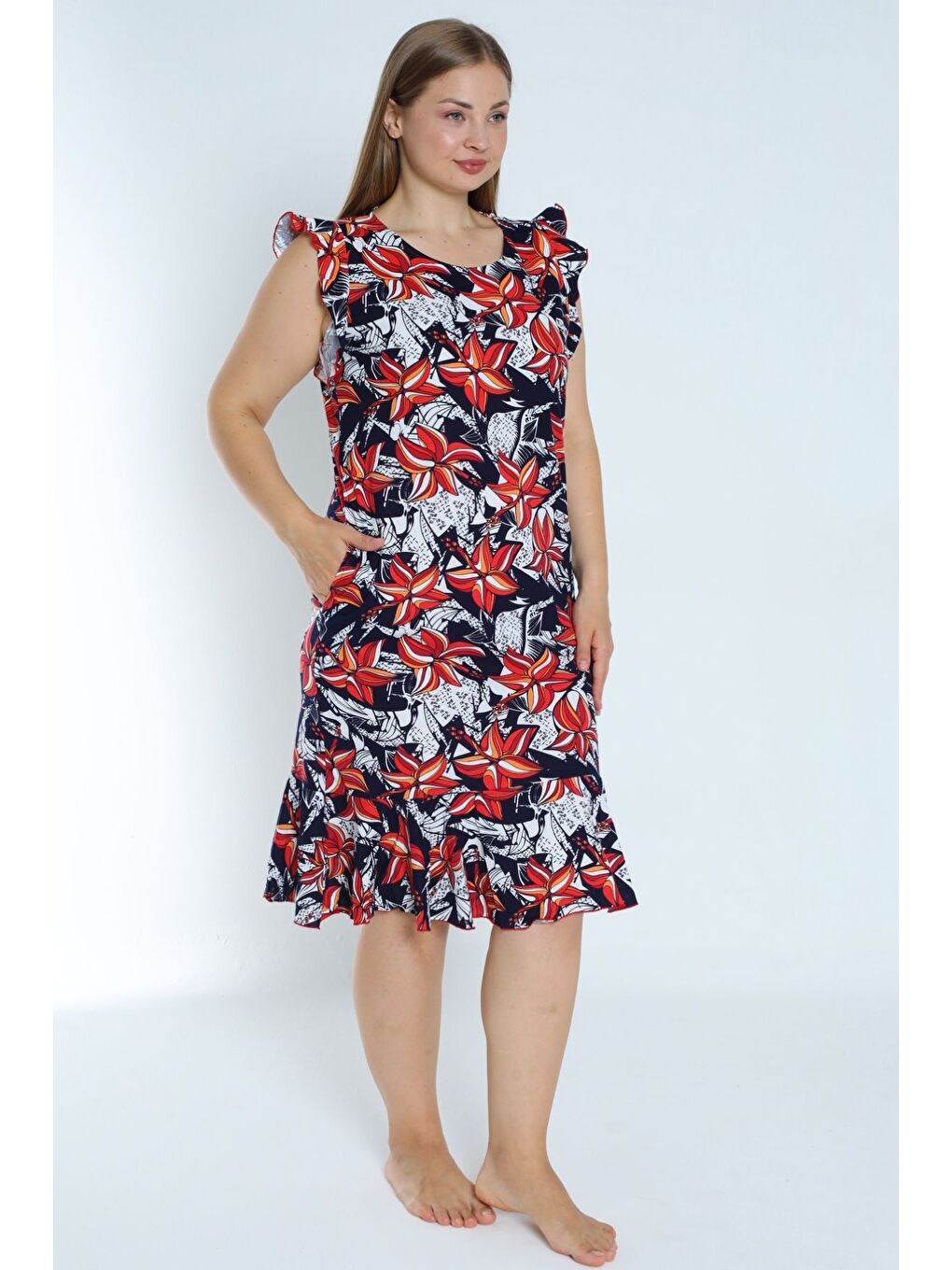 Lacivert kadın lacivert büyük beden desenli %100 pamuk cepli kolu ve eteği fırfırlı elbise-1