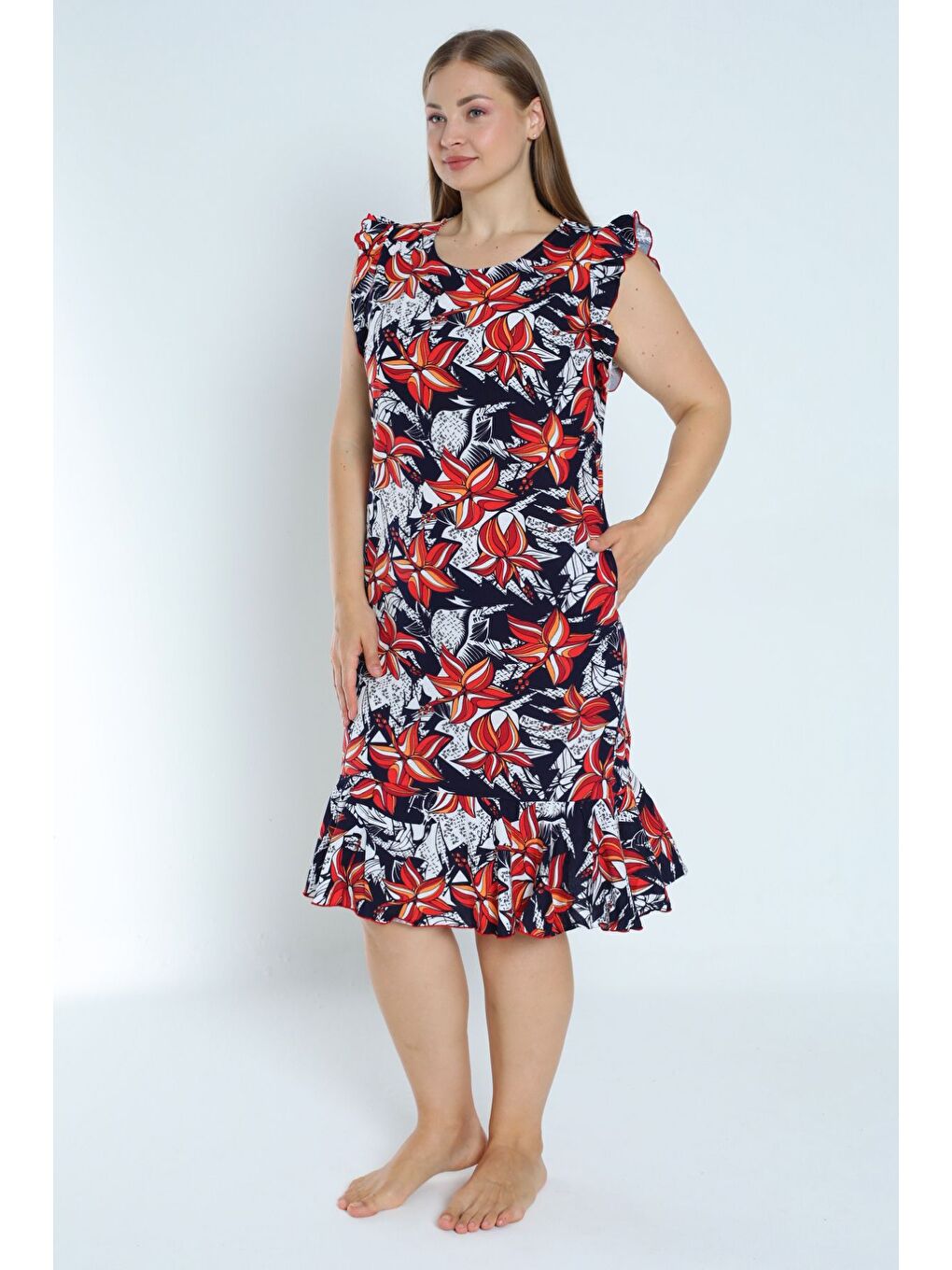 Lacivert kadın lacivert büyük beden desenli %100 pamuk cepli kolu ve eteği fırfırlı elbise-2