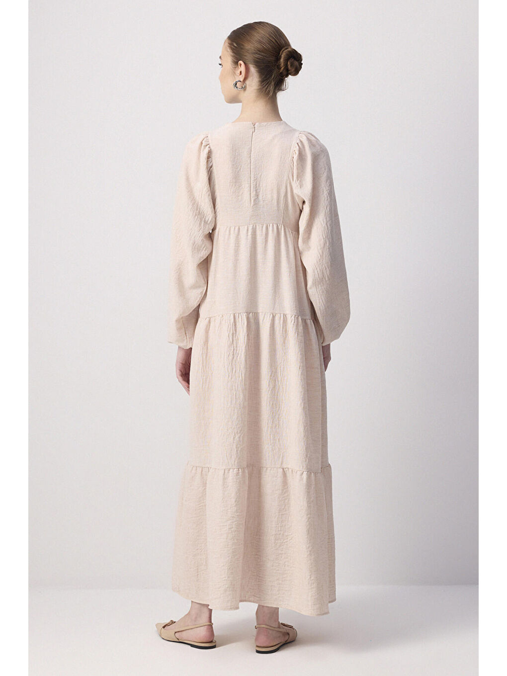 Bej %100 Keten Büzgülü Elbise-3