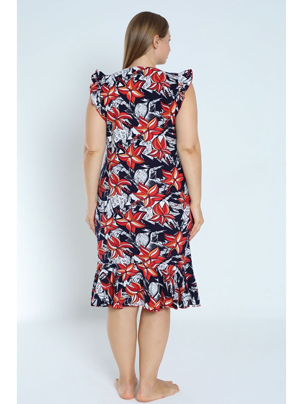 Lacivert kadın lacivert büyük beden desenli %100 pamuk cepli kolu ve eteği fırfırlı elbise-3