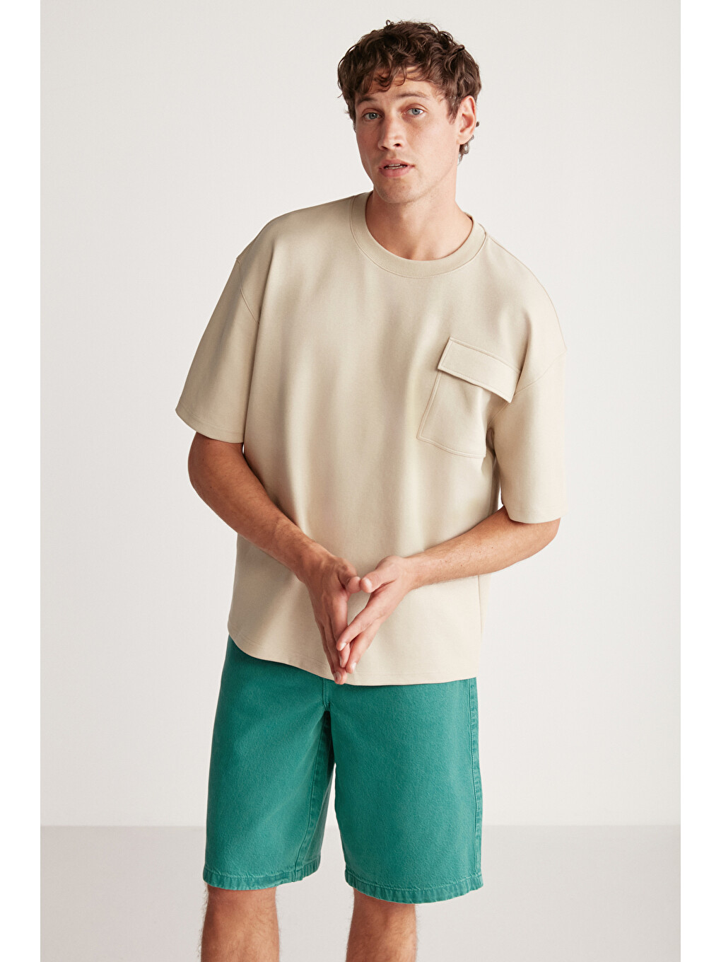 Artur Erkek Yaka Cep Detaylı Kalın Dokulu Kumaş Oversize Fit Bol Kesim Kısa Kollu Bej T-shirt-4