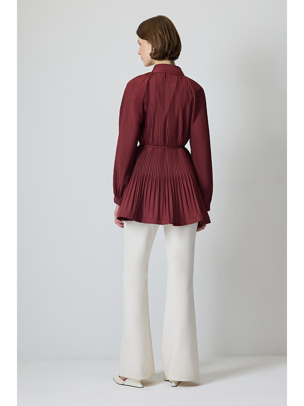 Bordo Pileli Önü Fermuarlı Ceket-3