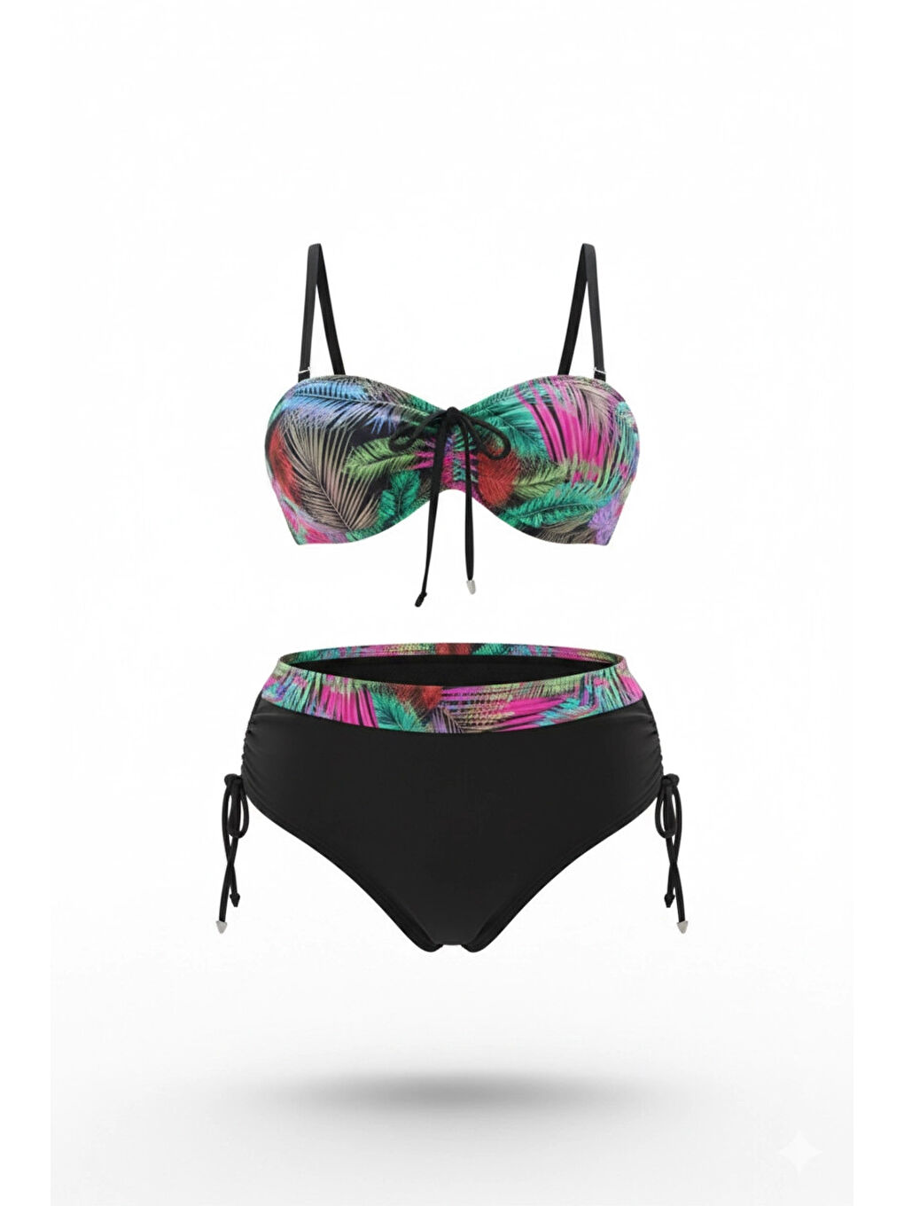 Kadın Siyah Çok Renk Desenli Astarlı Büyük Beden Bikini Takımı HZL25S-LC03