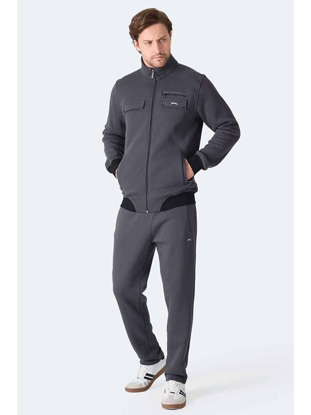 FLICKER Erkek Fermuar Cepli Koyu Gri Eşofman Takımı-5