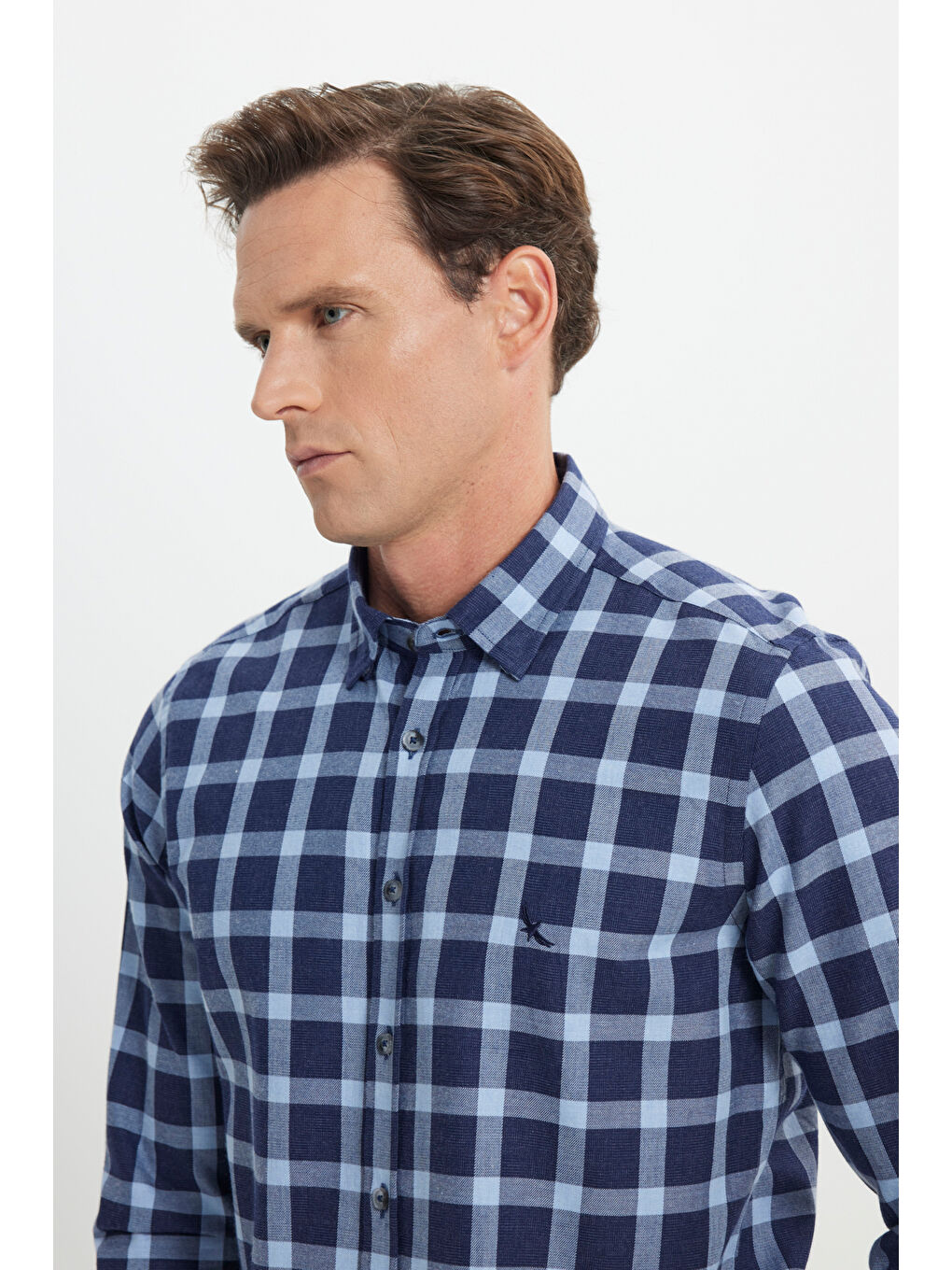 Erkek Lacivert-Mavi %100 Pamuk Oxford Slim Fit Dar Kesim Desenli Gömlek-3