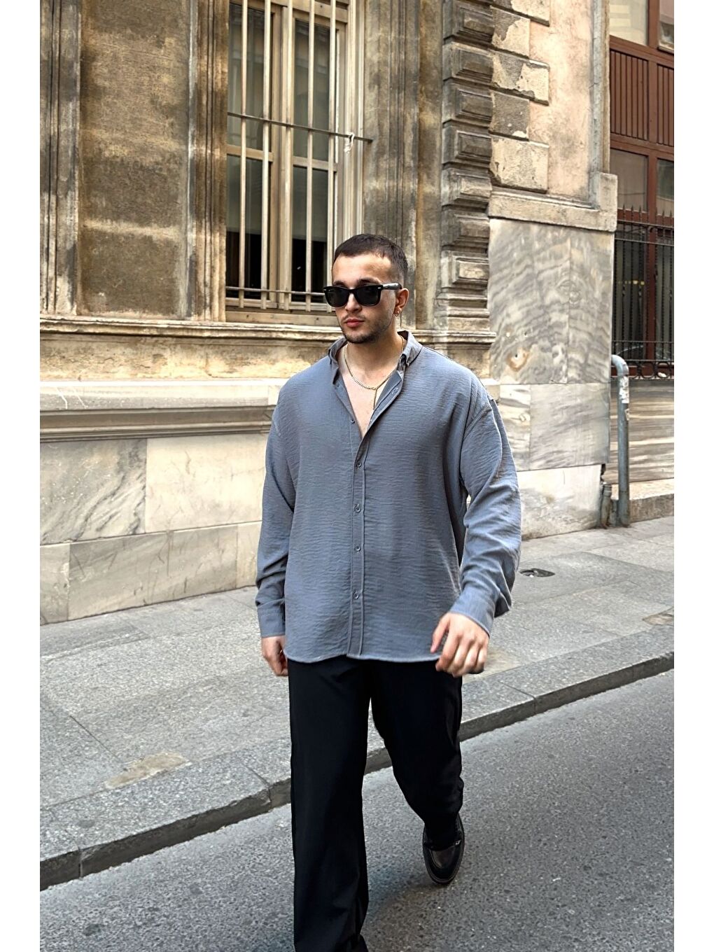 Gri Napas Erkek Oversize Keten Görünümlü Gömlek-2