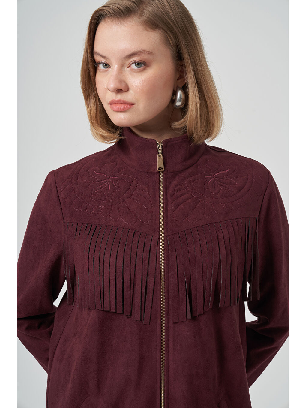 Püskül ve İşleme Detay Süet Ceket 6028 Mürdüm-1