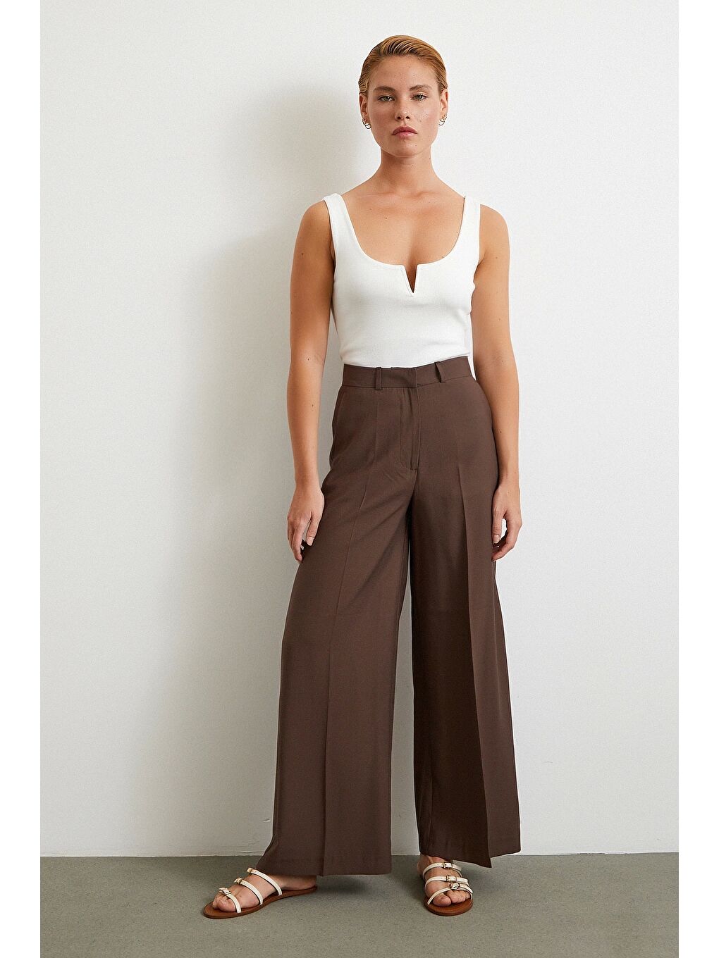 Karışık Geniş Paça Palazzo Pantolon Kahve