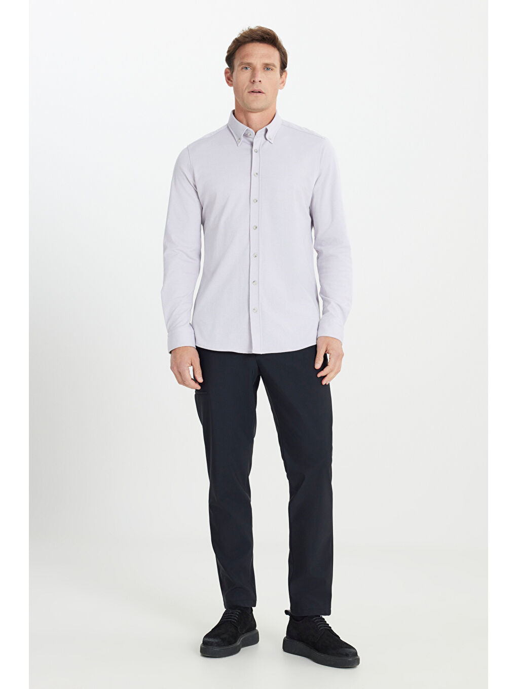 Erkek Gri Comfort Fit Rahat Kesim Düğmeli Yaka Pamuklu Gömlek-1