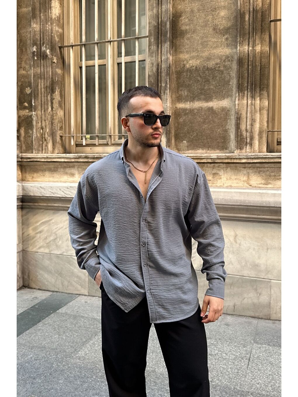 Gri Napas Erkek Oversize Keten Görünümlü Gömlek-4