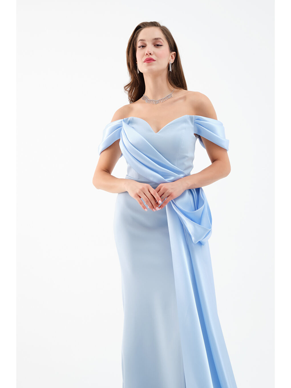 Kadın Bebe Mavi Kayık Yaka Kuyruklu Uzun Abiye Elbise-2