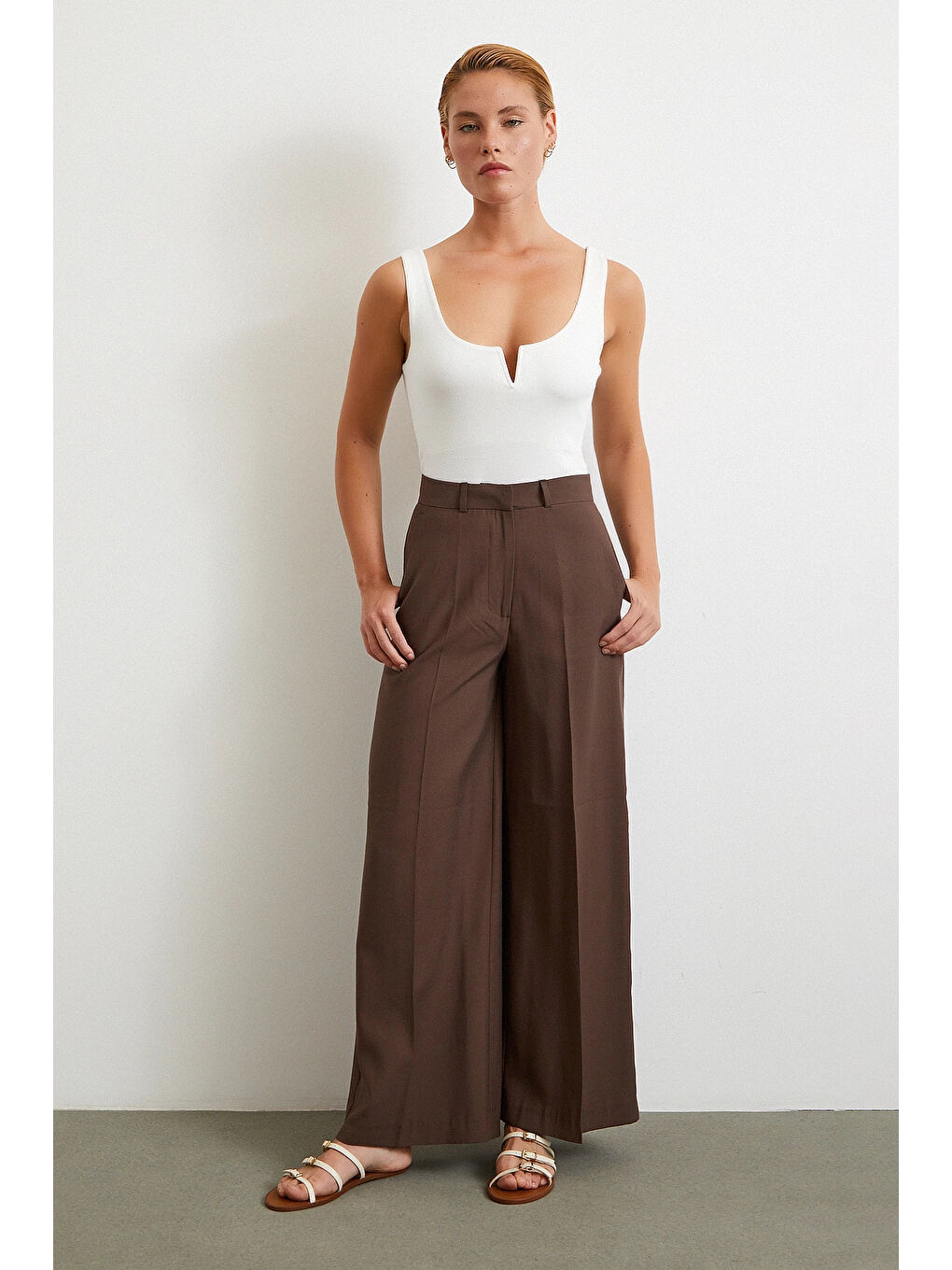 Karışık Geniş Paça Palazzo Pantolon Kahve-1