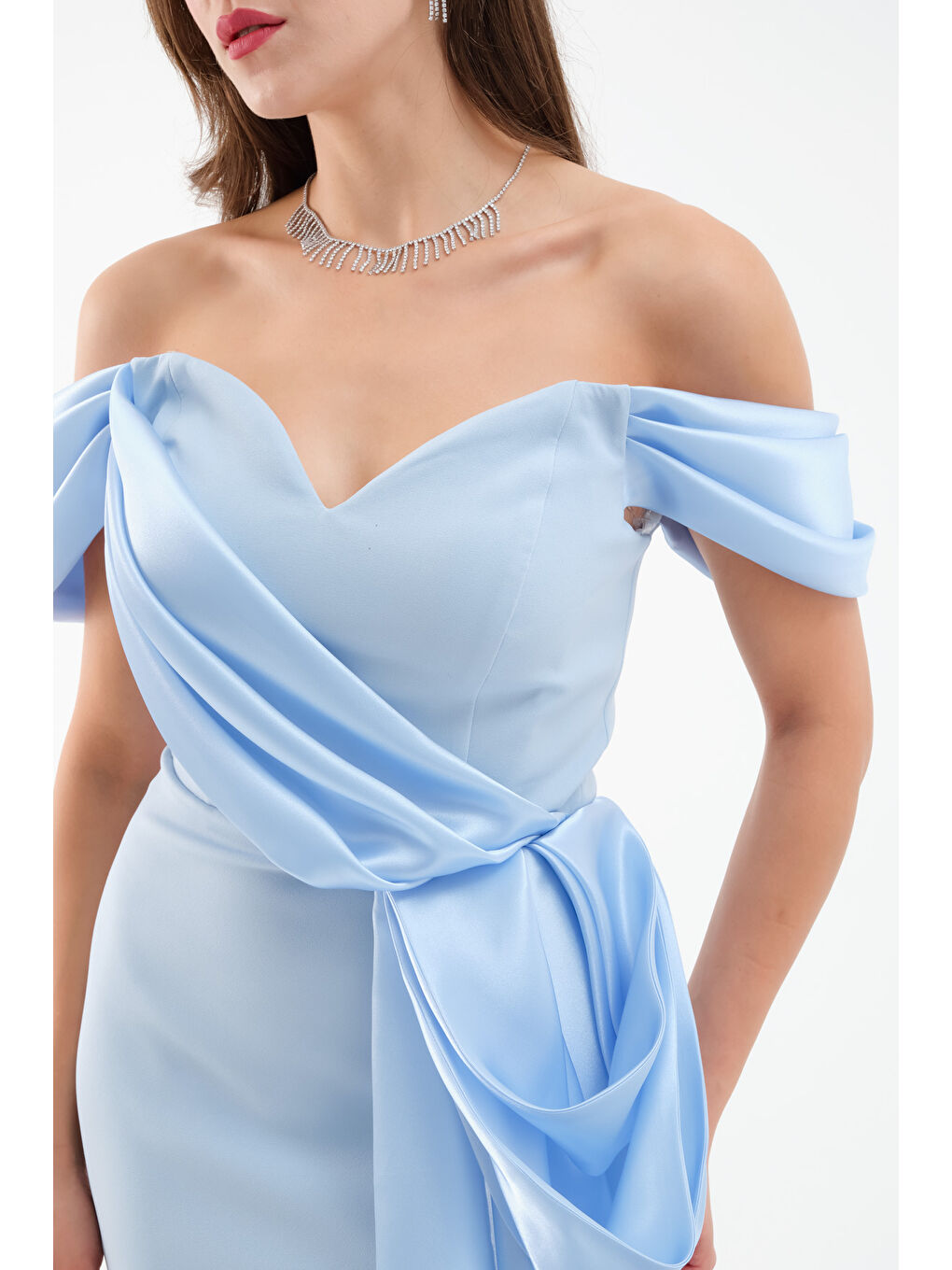 Kadın Bebe Mavi Kayık Yaka Kuyruklu Uzun Abiye Elbise-3