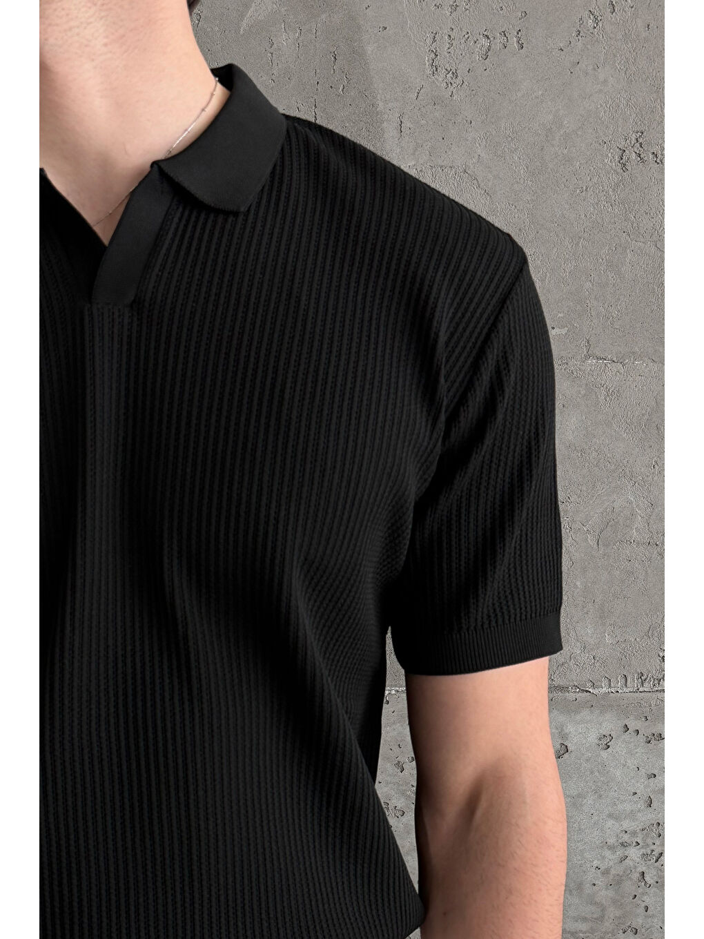 Siyah Erkek Petek Desen Polo Yaka Triko T-shirt-1