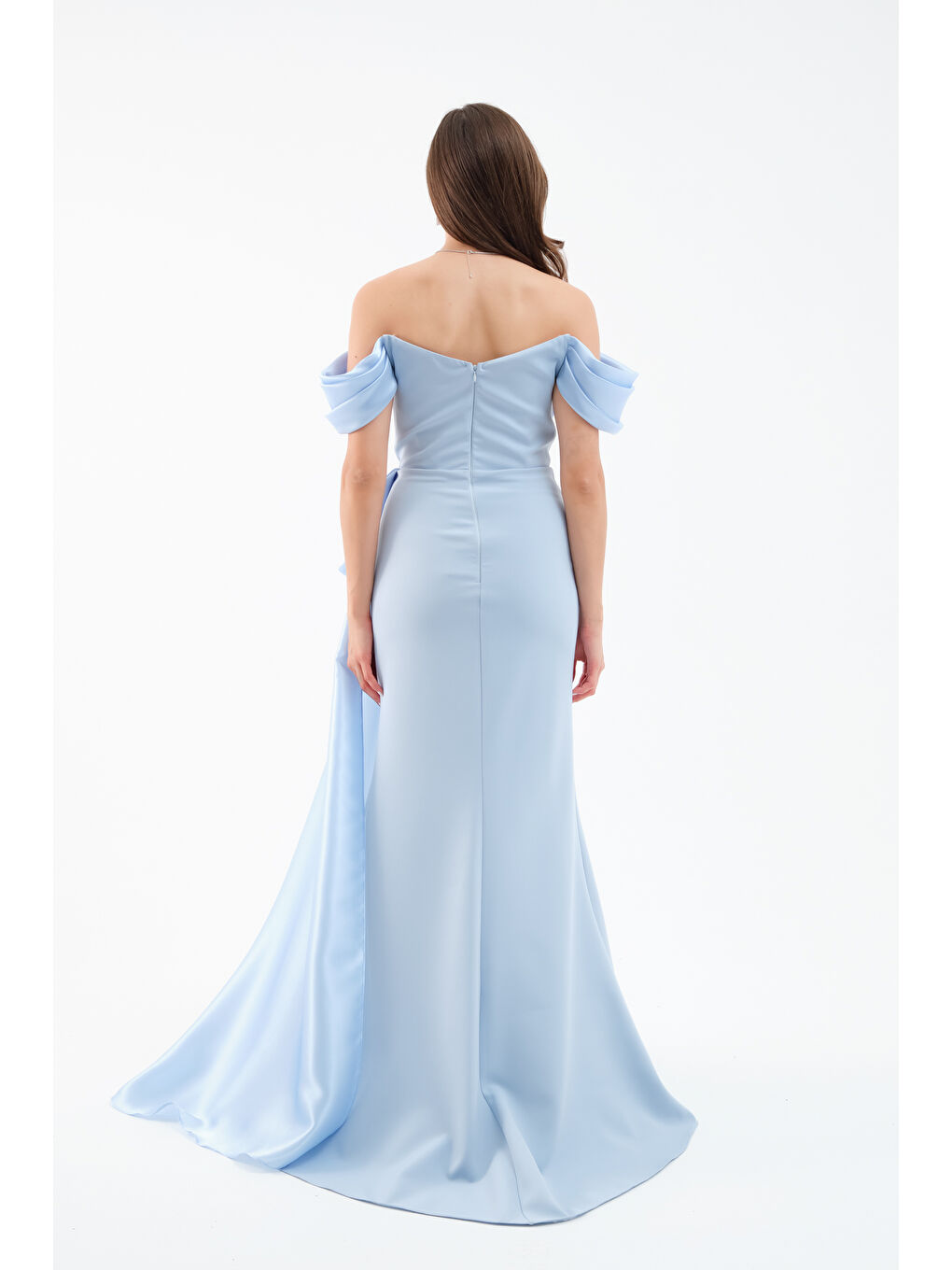 Kadın Bebe Mavi Kayık Yaka Kuyruklu Uzun Abiye Elbise-4