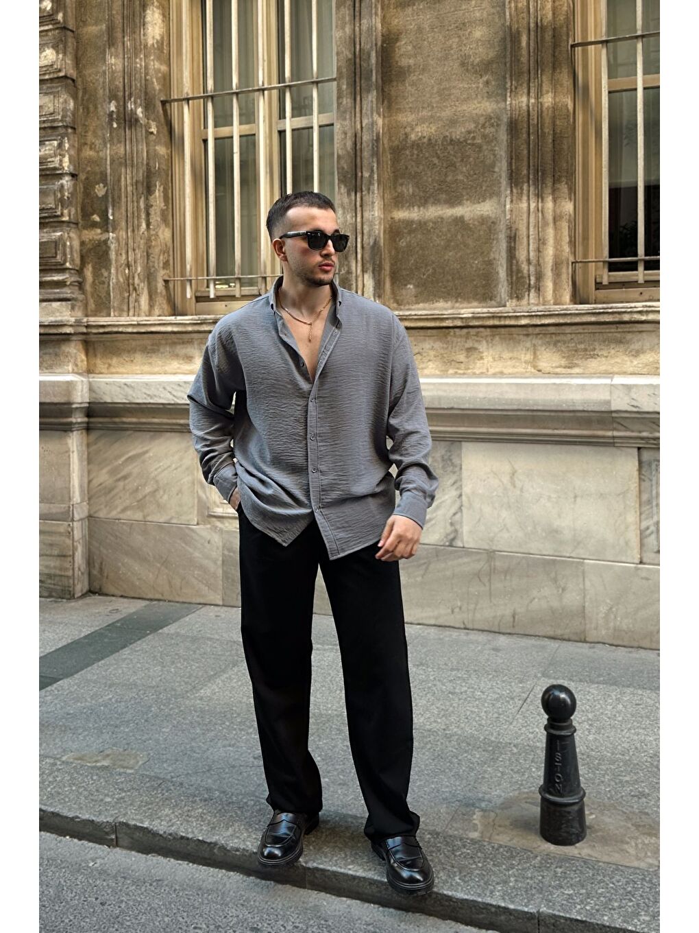 Gri Napas Erkek Oversize Keten Görünümlü Gömlek-5