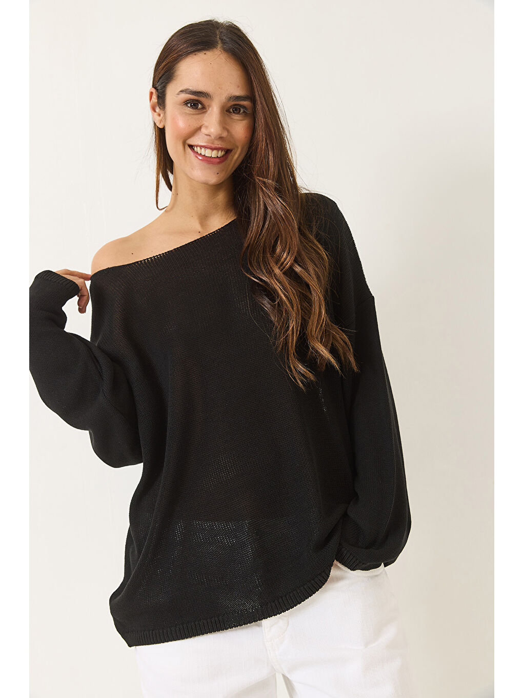 Siyah Kadın Kayık Yaka Triko Merserize Basic Bluz-2