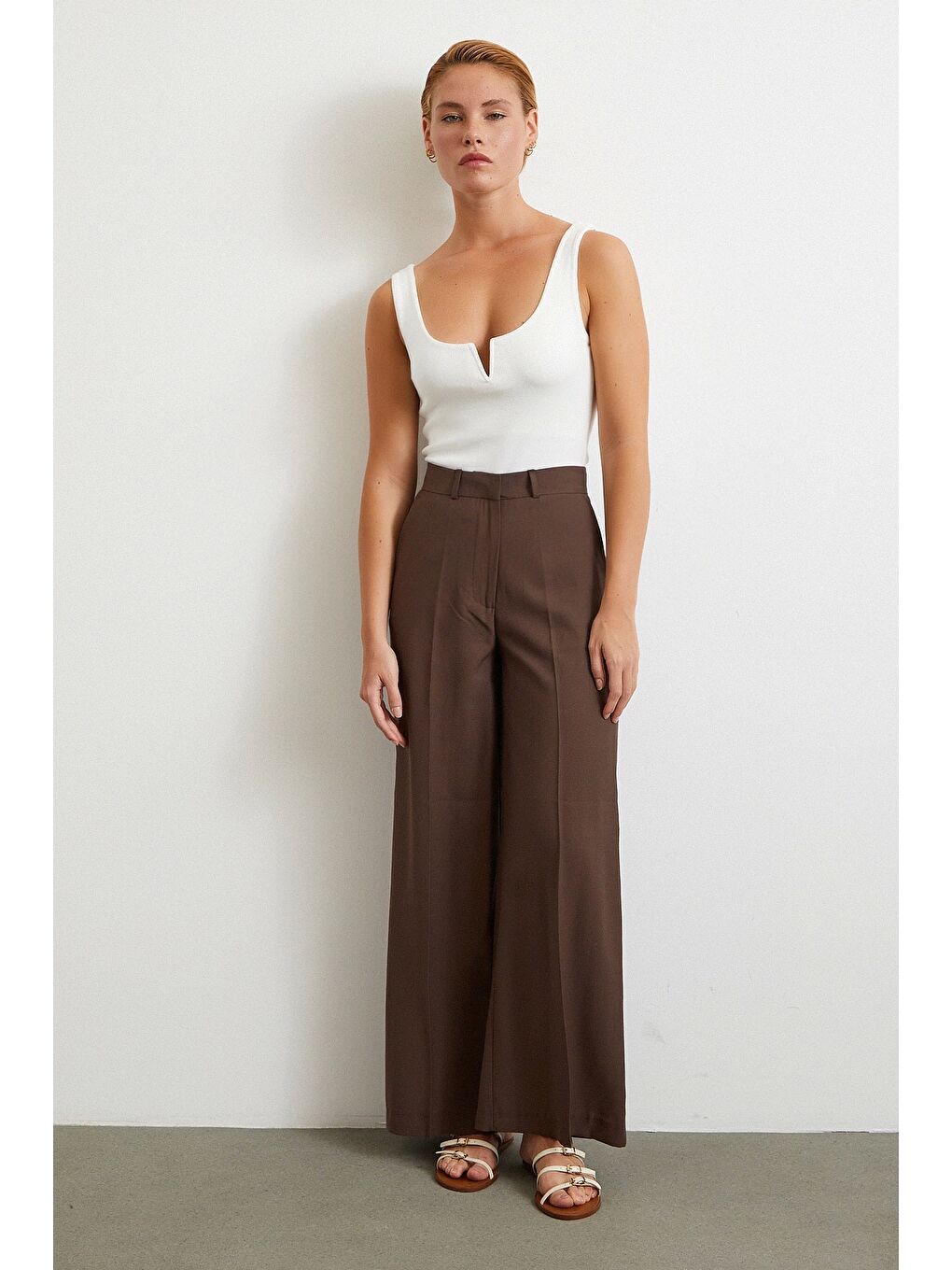 Karışık Geniş Paça Palazzo Pantolon Kahve-2
