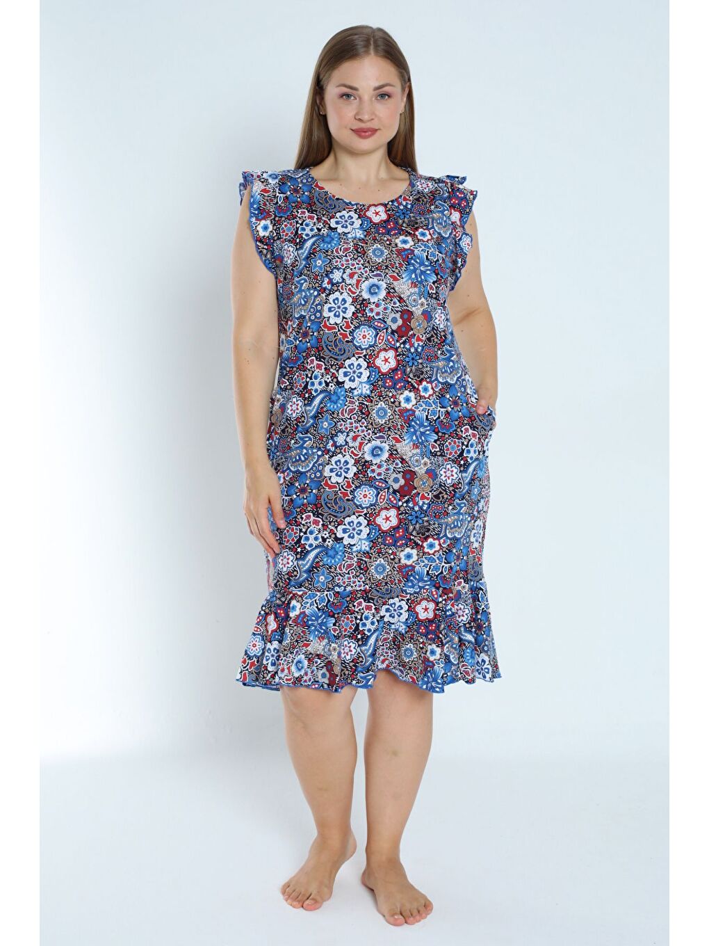 Karışık Kadın Büyük Beden Desenli %100 Pamuk Cepli Kolu Ve Eteği Fırfırlı Elbise-1