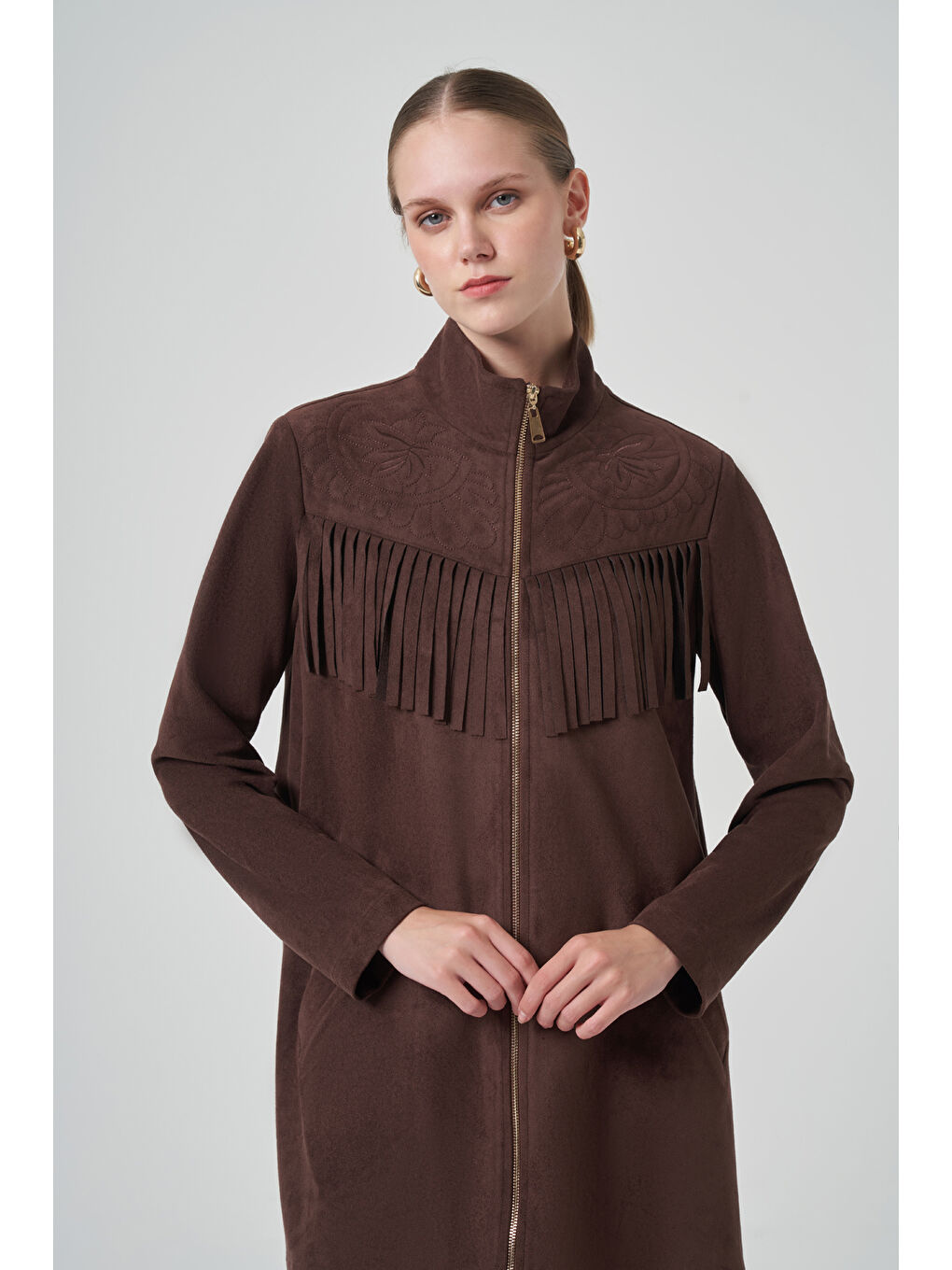 Püskül ve İşlemen Detay Süet Ceket 6028 Kahverengi-2