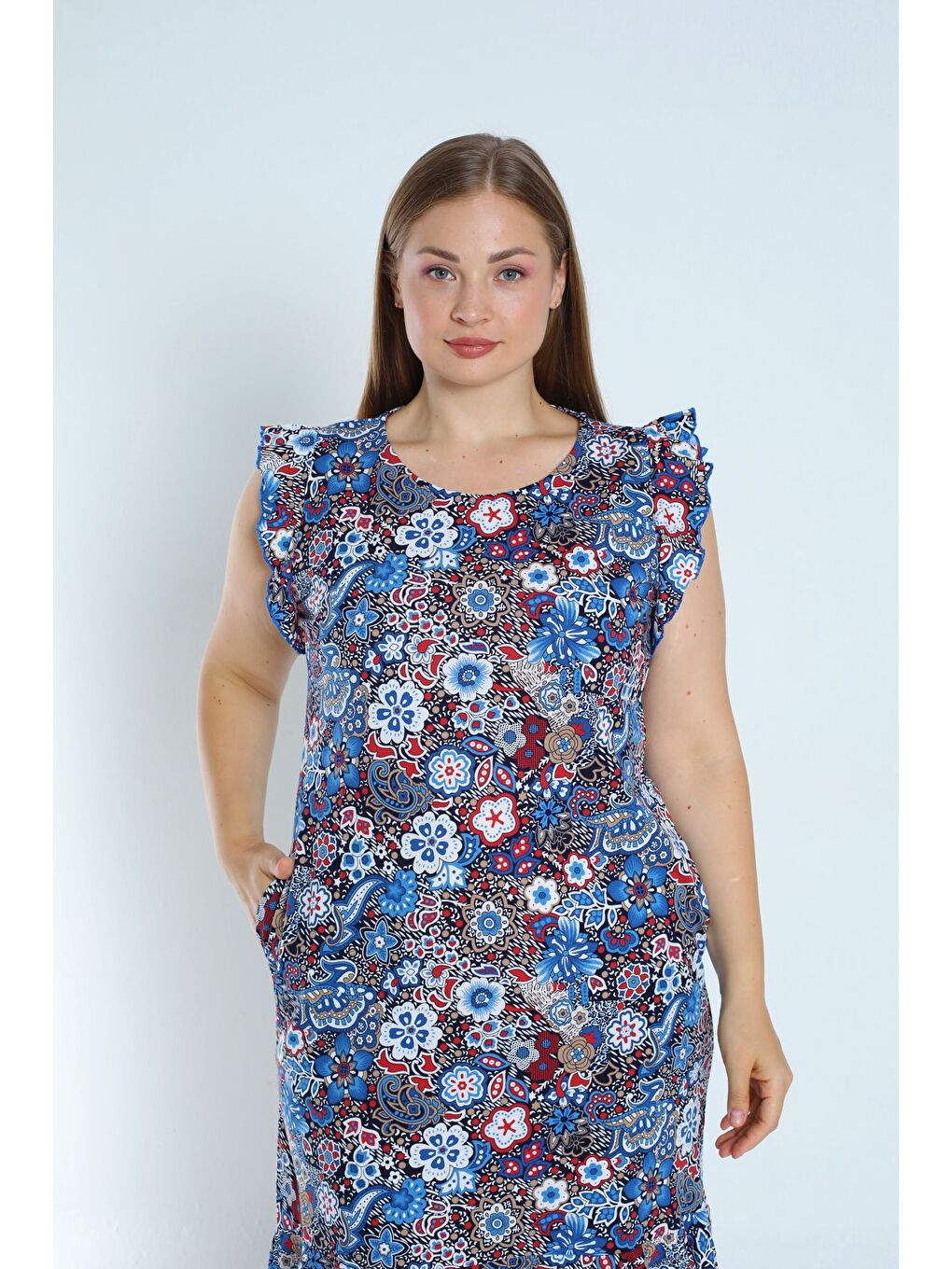 Karışık Kadın Büyük Beden Desenli %100 Pamuk Cepli Kolu Ve Eteği Fırfırlı Elbise-2