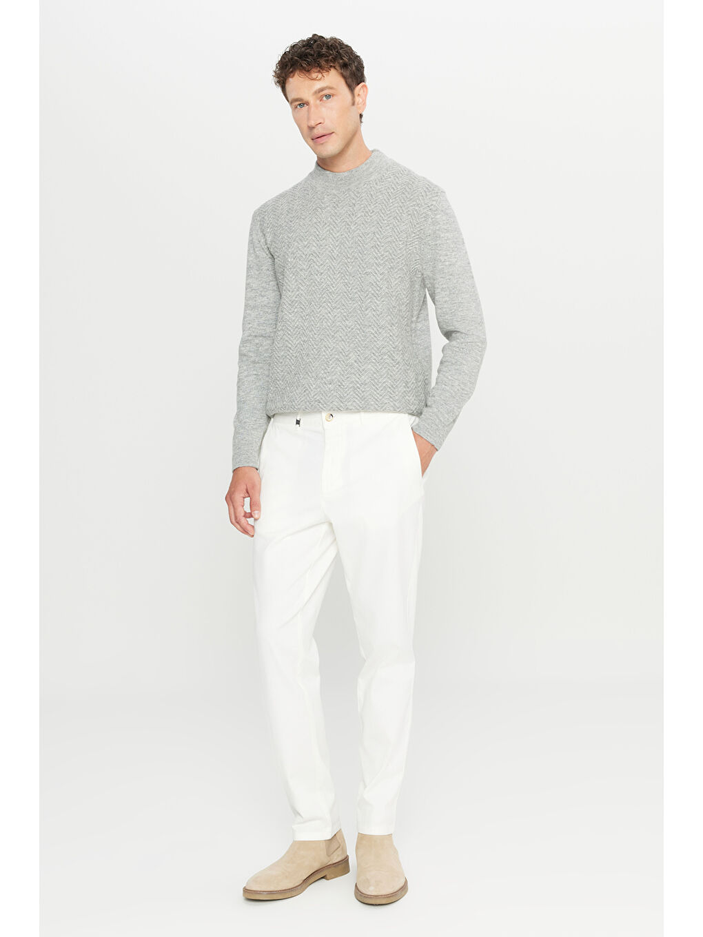 Erkek Ekru Pamuklu Slim Fit Dar Kesim Yan Cepli Casual Esnek Pantolon-1